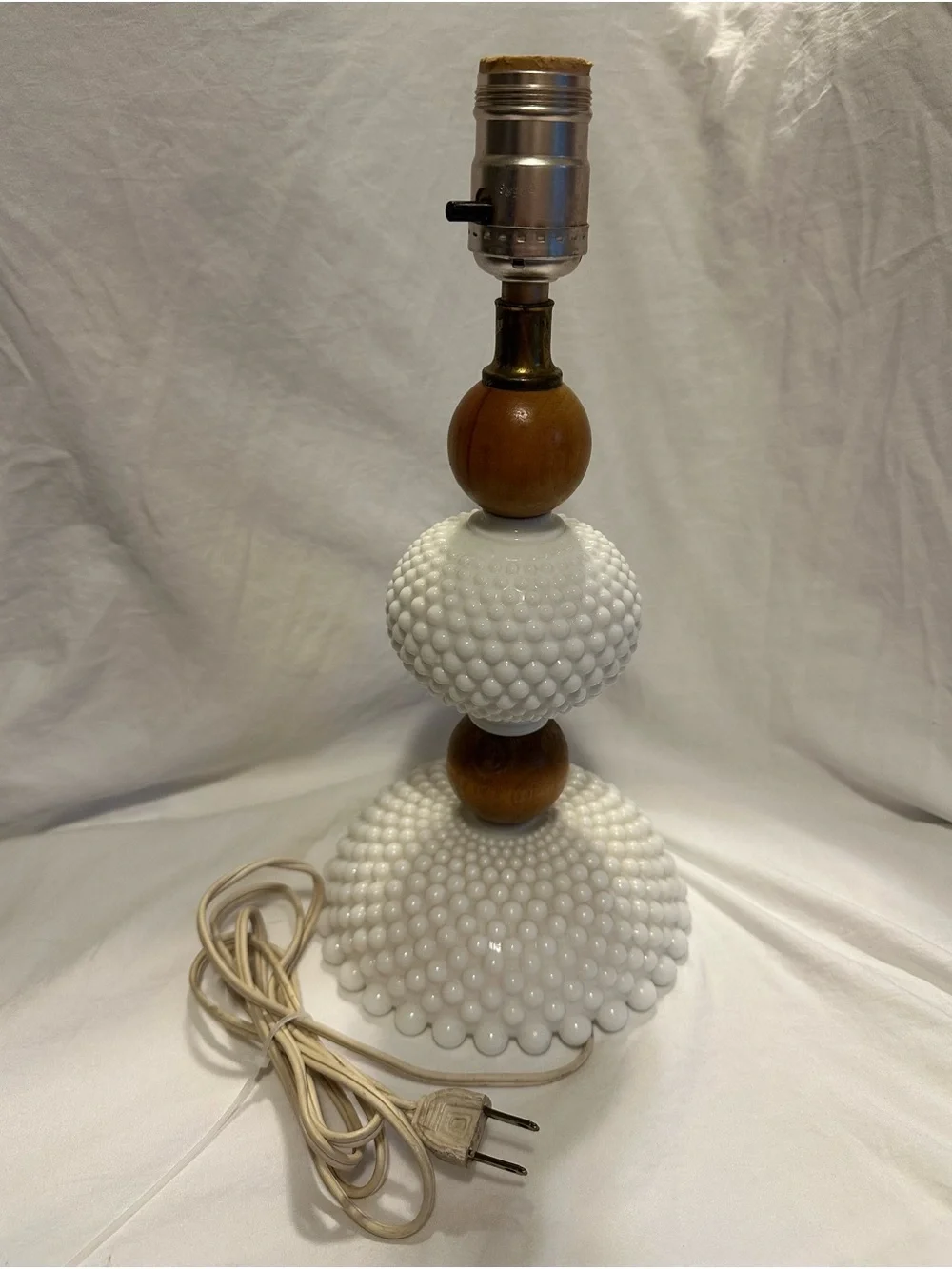 Vintage White Hobnail Table Lamp with Wood Accents